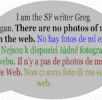 Speech bubble explaining that there are no photos of Greg Egan on the web - in various languages