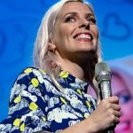 Sara Pascoe speaking into a microphone