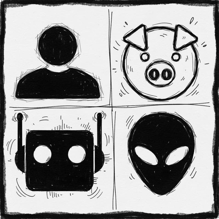 Black and white image of 4 different types of sentient being - human, pig, robot and alien separated into quadrants